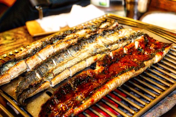 Grilled eel on a barbecue grill